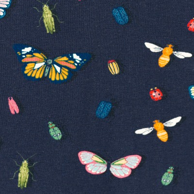 Jersey 1680 EUR/m dunkelblau mit Schmetterlingen und Käfern - Damenstoff Mädchenstoff Meterware
