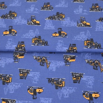 Baumwolljersey 17,40 EUR/m Baustelle, Jersey blau, bedruckt mit Baufahrzeugen, Kinderstoffe