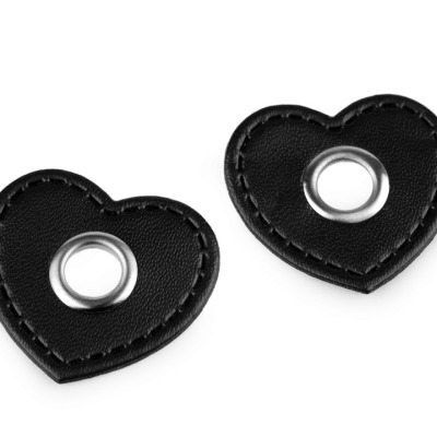 Ösenpatch Kunstleder Herz schwarz - silber Durchmesser Öse 8 mm 2 Stück