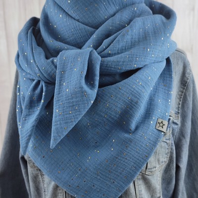 Tuch Dreieckstuch Musselin jeansblau mit Tupfen in gold Schal für Damen XXL Tuch aus Baumwolle