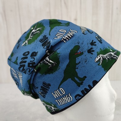 Beanie Dinosaurier - coole Mütze für Kinder mit Dinos auf Jersey in jeansblau Größe ca 48 - 54 cm Kopfumfang - Versandkostenfreier Artikel