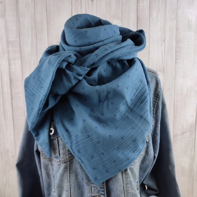 Tuch Anker - Dreieckstuch Musselin Damen - Schal jeansblau mit Ankern in dunkelblau - XXL Tuch aus Baumwolle - Mamatuch - Versandkostenfreier Artikel