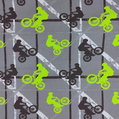 French Terry 18,40 EUR/m BMX Fahrräder neongrün und schwarz auf grau, Sommersweat Meterware