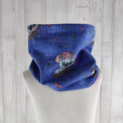 Loop mit niedlichen Koalas und Blumen auf blau melange - Schal für Mädchen Kinder - Versandkostenfreier Artikel