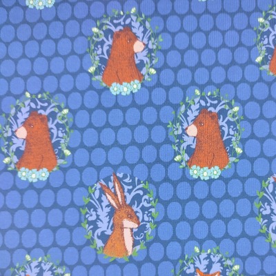 French Terry 15,96 EUR Füchse, Hasen, Bären und Blumen auf blau gepunktet, Sommersweat, Stoff