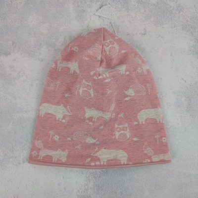 Beanie rosa meliert mit Tiermotiven in natur - Skandi Mütze für Kinder, Größe ca. 48 - 54 cm