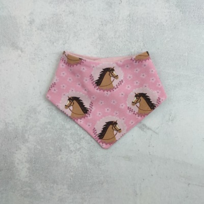 Halstuch Dreieckstuch für kleine Mädchen, rosa mit Pferdeköpfen und Blumen, Jerseytuch -