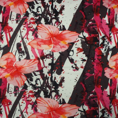 French Terry 17,96 EUR/m abstraktes Muster mit Hibiskusblüten - schwarz weiß pink - Stoffe Meterwa