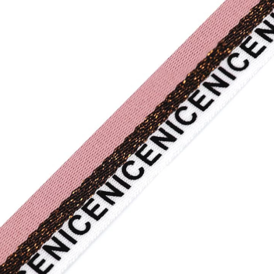 Webband 1,50 EUR/m, 16 mm Borte, rosa kupfer weiß gestreift, Aufschrift nice, Meterware