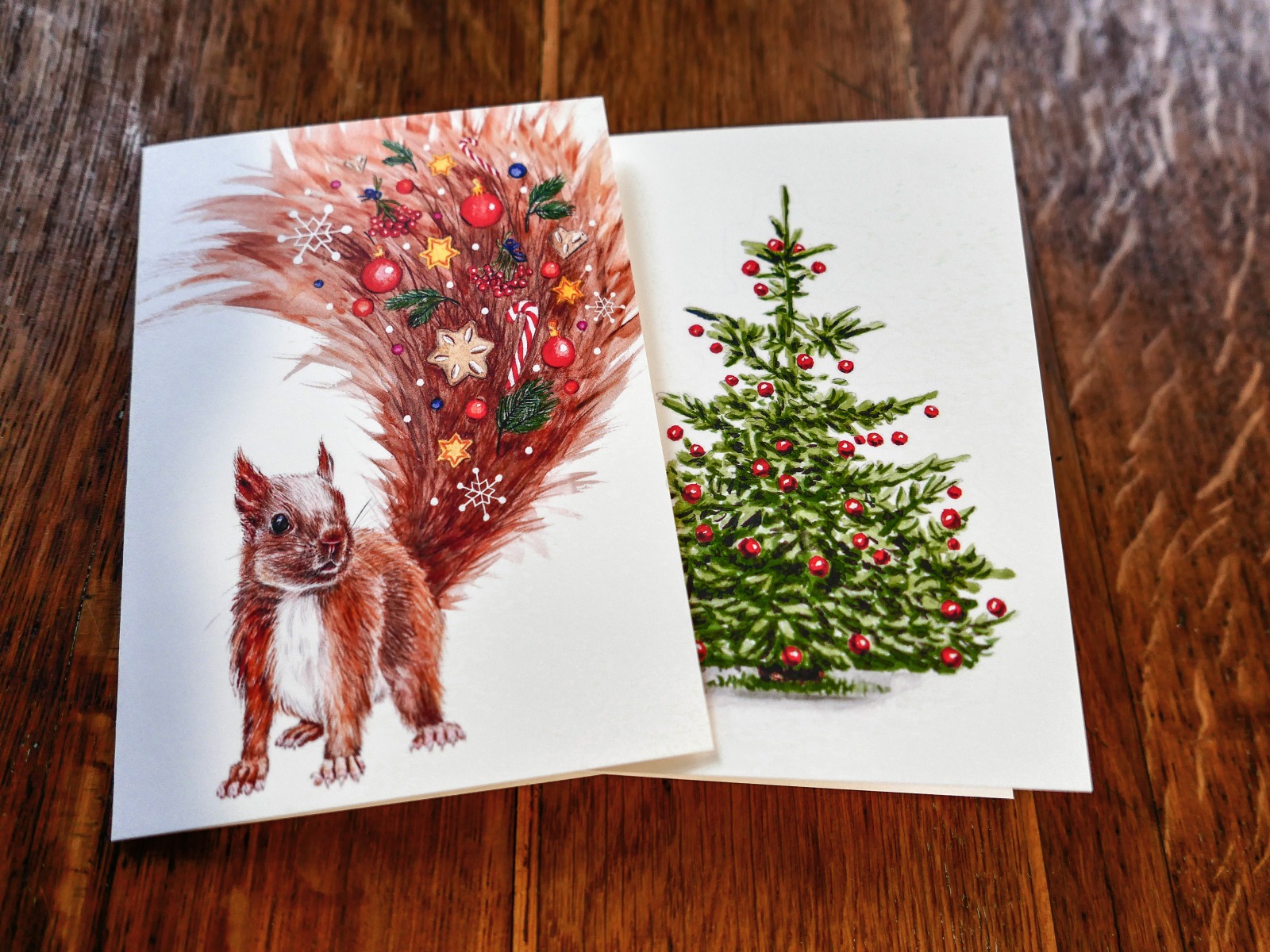 Grußkarten Set Weihnachten 2 Weihnachtskarten Eichhörnchen und Weihnachtsbaum