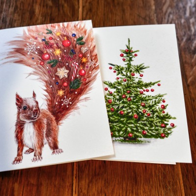 Grußkarten Set Weihnachten, 2 Weihnachtskarten Eichhörnchen und Weihnachtsbaum - 2 Grußkarten
