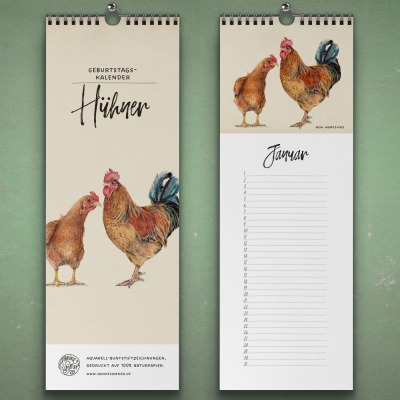 Geburtstagskalender Hühner, Wandkalender, Kunstkalender - Buntstiftzeichnungen von Hühnerarten