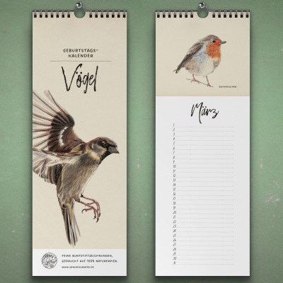 Geburtstagskalender Vögel, Wandkalender, Kunstkalender - Buntstiftzeichnungen von heimischen Vögel