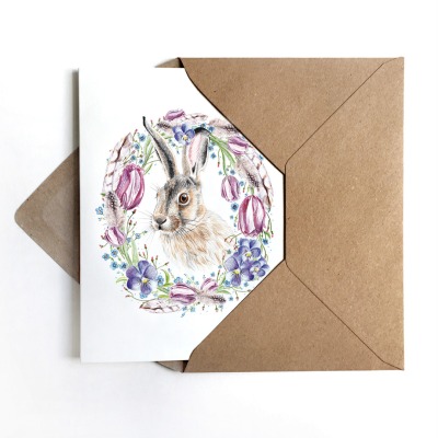 Osterkarte Hase mit Blütenkranz, Grußkarte zu Ostern - inkl. Umschlag