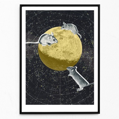 Mäuse auf dem Mond, Fine Art Print, Giclée Print, Poster, Kunstdruck, Zeichnung - Collage aus