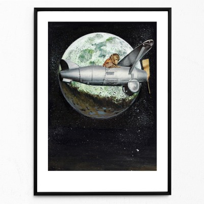Spacemonkey, Fine Art Print, Giclée Print, Poster, Kunstdruck, Zeichnung - Collage aus Magazinen