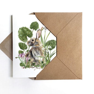 Grußkarte Hase mit Frühjahrsblühern, Osterkarte - inkl. Umschlag