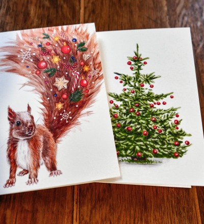 Grußkarten Set Weihnachten 2 Weihnachtskarten Eichhörnchen und Weihnachtsbaum - 2 Grußkarten inkl
