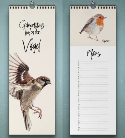Geburtstagskalender Vögel Wandkalender Kunstkalender - Buntstiftzeichnungen von heimischen Vögeln