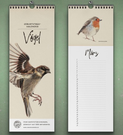 Geburtstagskalender Vögel Wandkalender Kunstkalender NEU - Buntstiftzeichnungen von heimischen Vögeln