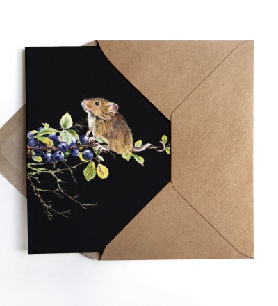 Grußkarte Maus auf Blaubeerzweig - inkl Umschlag
