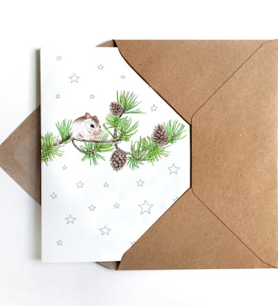 Weihnachtskarte Maus auf Kiefernzweig Grußkarte - inkl Umschlag