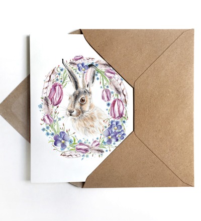 Osterkarte Hase mit Blütenkranz Grußkarte zu Ostern - inkl Umschlag