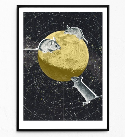 Mäuse auf dem Mond Fine Art Print Giclée Print Poster Kunstdruck Zeichnung - Collage aus Magazinen der 50ziger & 60ziger Jahre