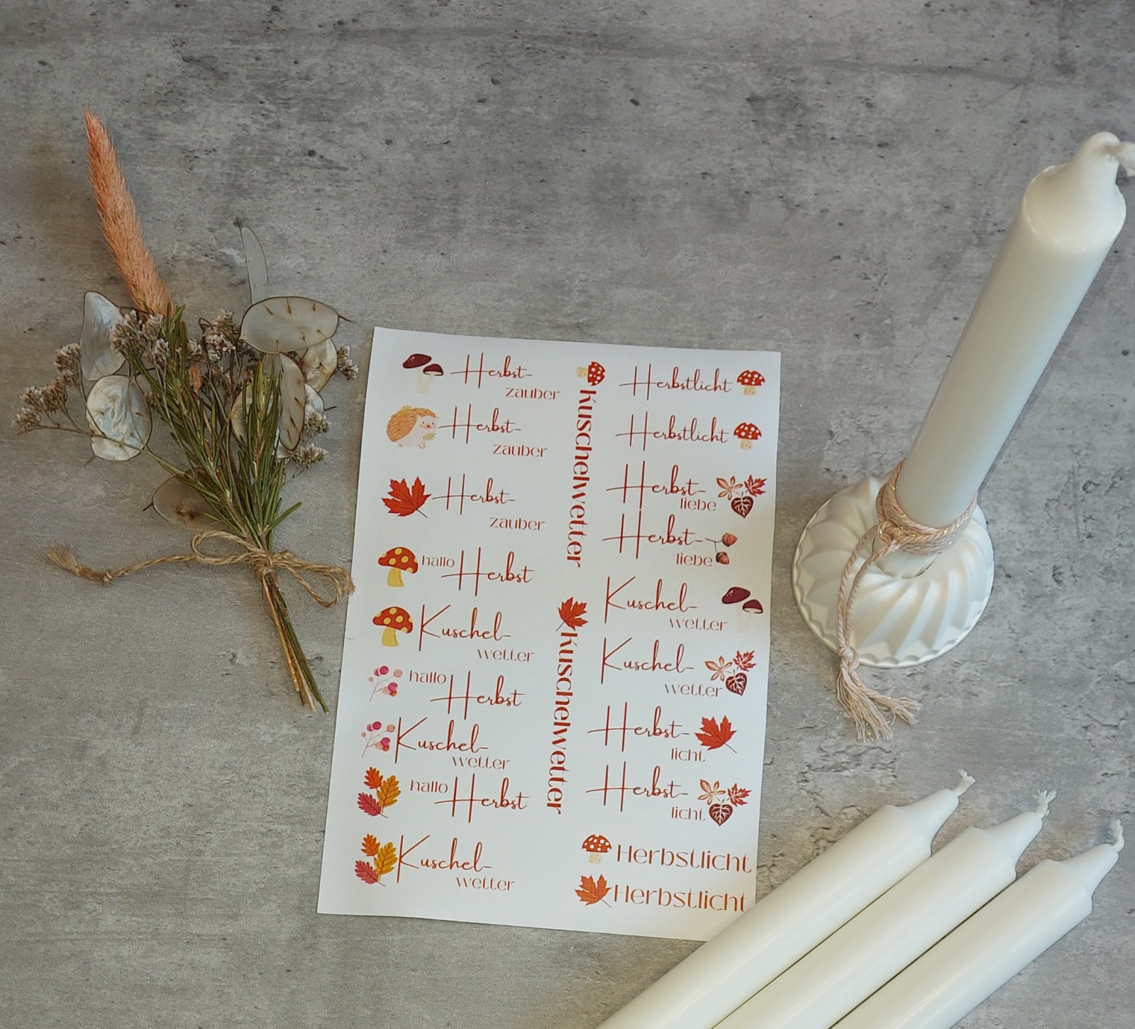 Kerzentattoo Kerzenfolie Kerzensticker auf Wasserschiebefolie verschiedene Sprüche Set Herbst DIN A