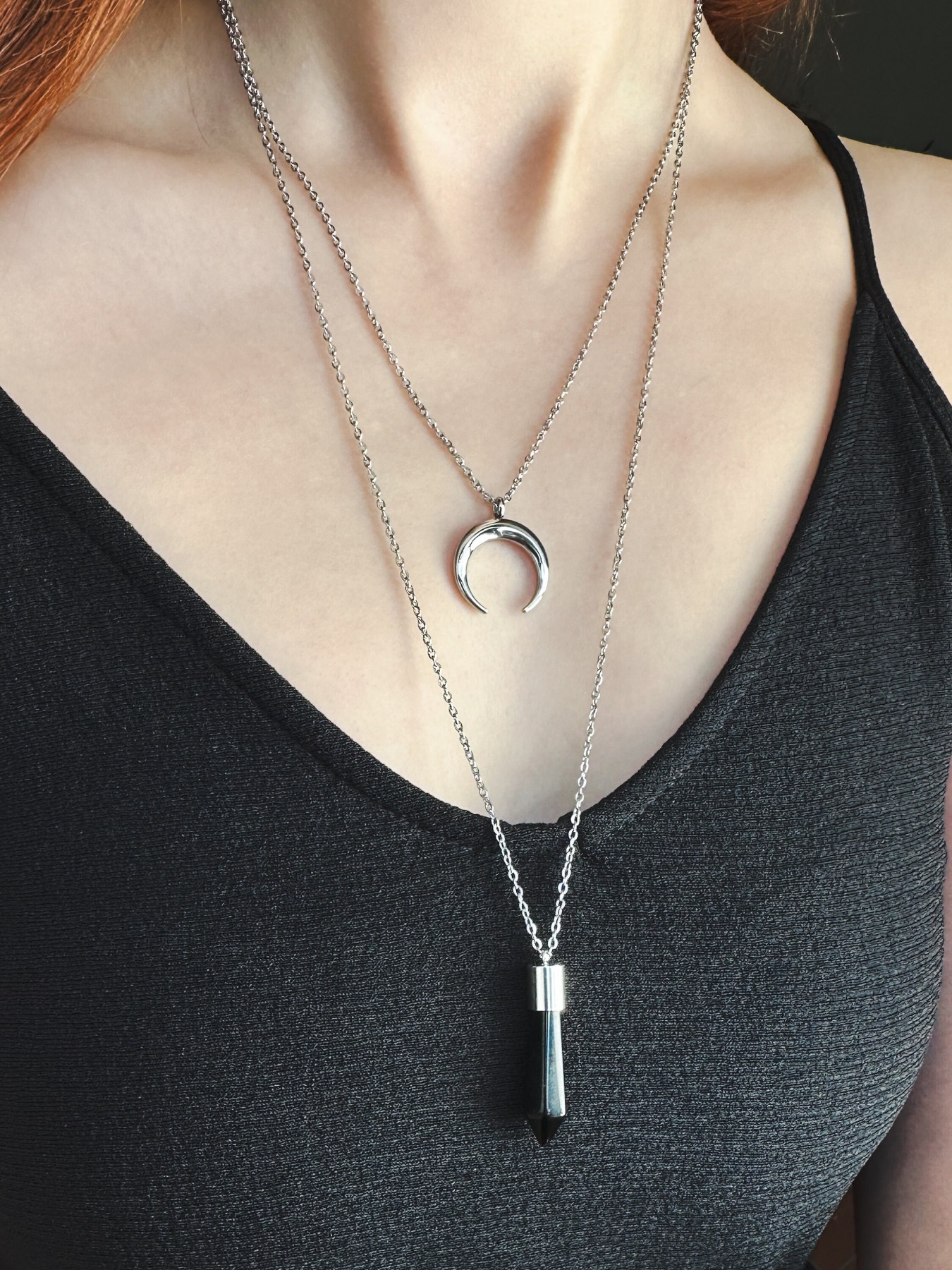 Silberne Layering Kette mit schwarzem Obsidian und Mond Anhänger 2