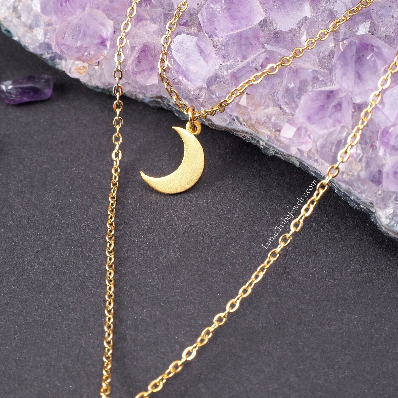 Goldene Amethyst Kette mit Mond Anhänger 2