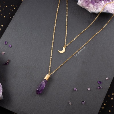 Golden Amethyst Necklace with Moon Pendant - Layering Necklace made of Stainless Steel with Genuine