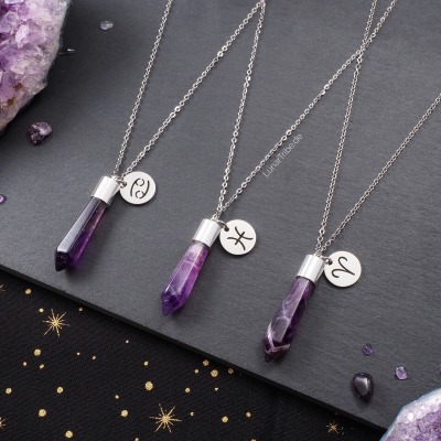 Silberne Amethyst Halskette mit Sternzeichen Anhänger - Wähle dein Sternzeichen aus 12 Optionen