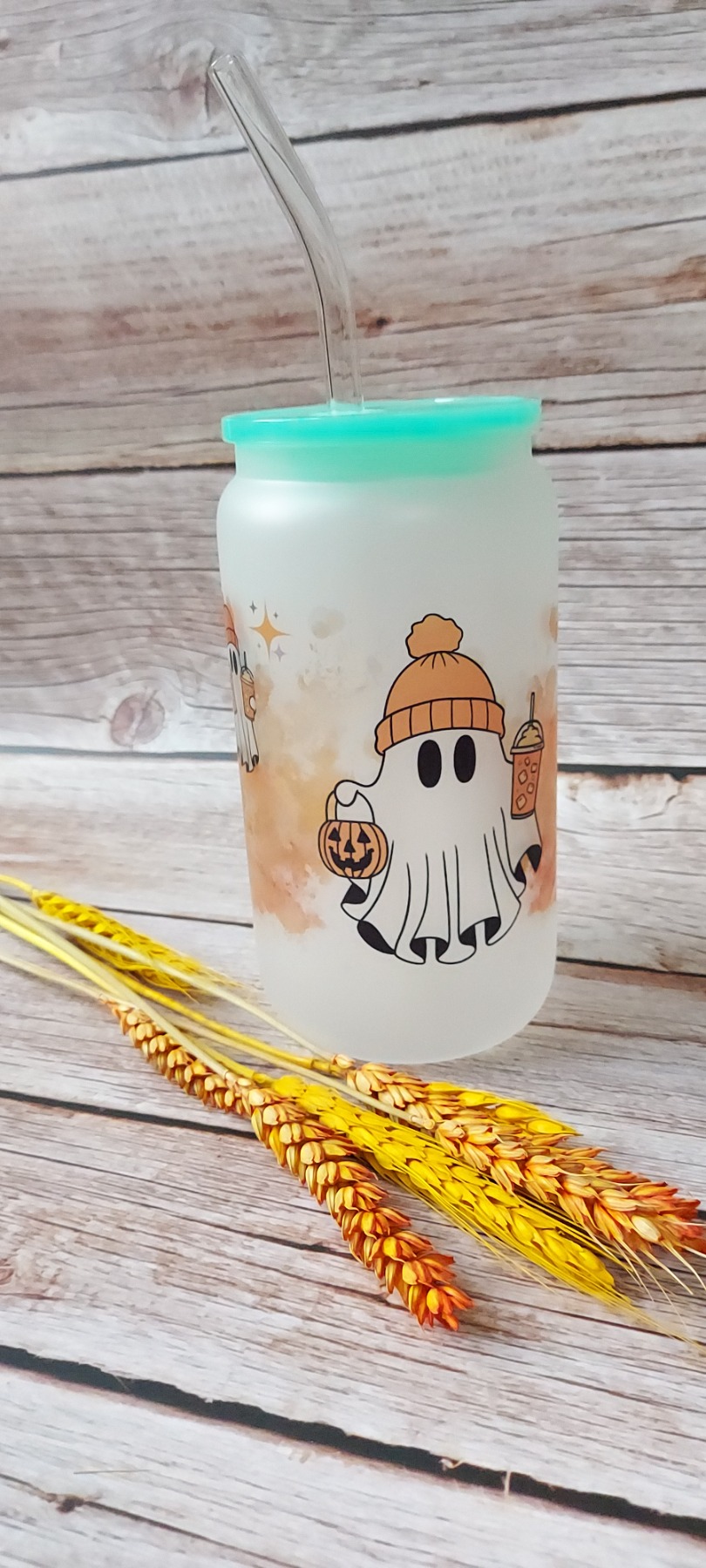 Halloween Dosenglas im Gespenster Design mit Strohhalm