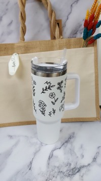 Thermobecher mit Strohhalm - im Wildblumen Design