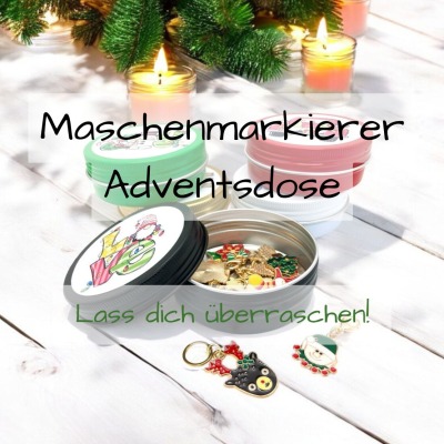 Adventsdose mit Maschenmarkierern. Set mit 10 Markierern und 1 Dose. 4 Überraschungstütchen mit