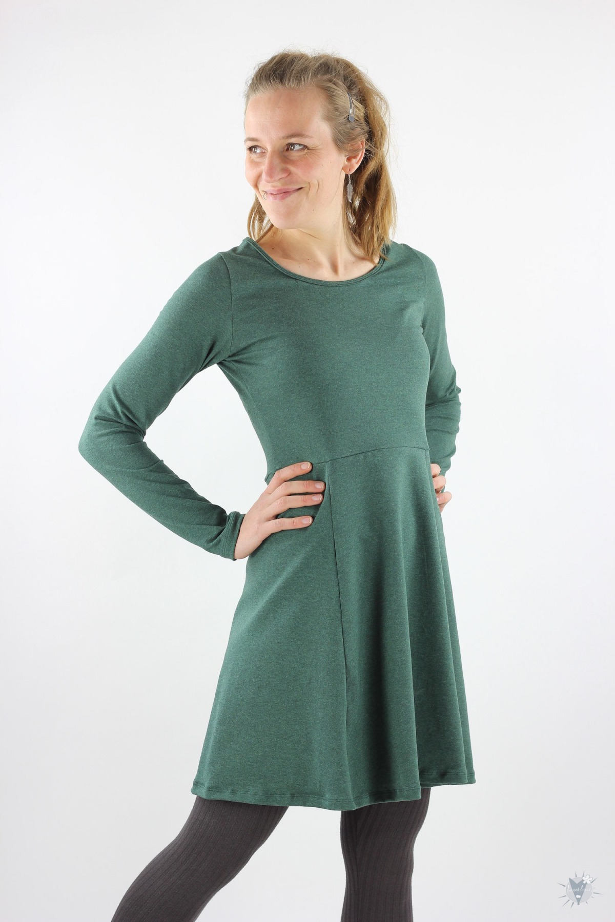 Skaterkleid mit langen Ärmeln, dunkelgrün meliert, elegantes Sommerkleid aus Öko-Jersey 3