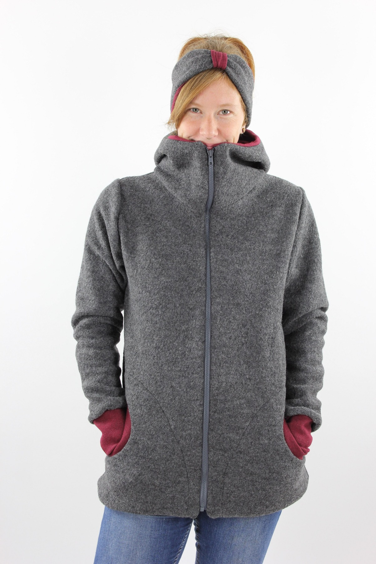 Damen-Wollwalkjacke anthrazit und beere meliert 9