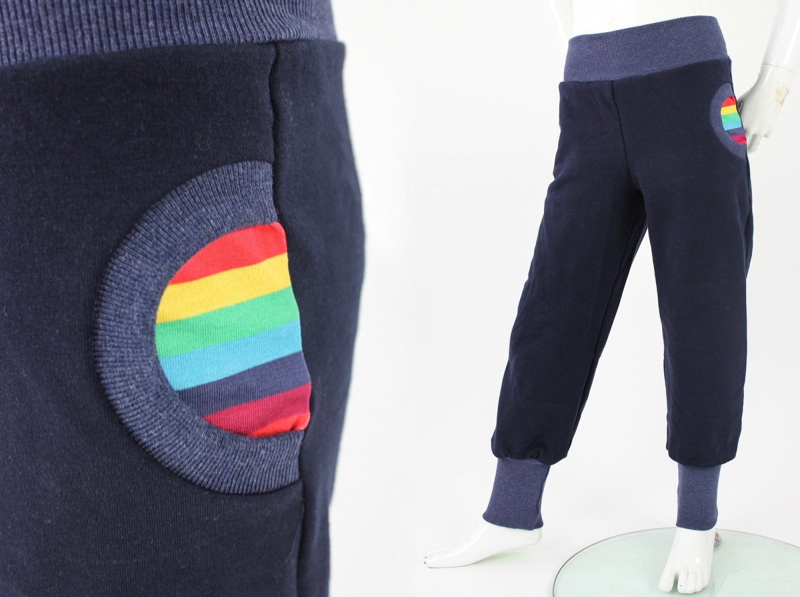 Tobehose für Kinder marineblau mit Regenbogenstreifen