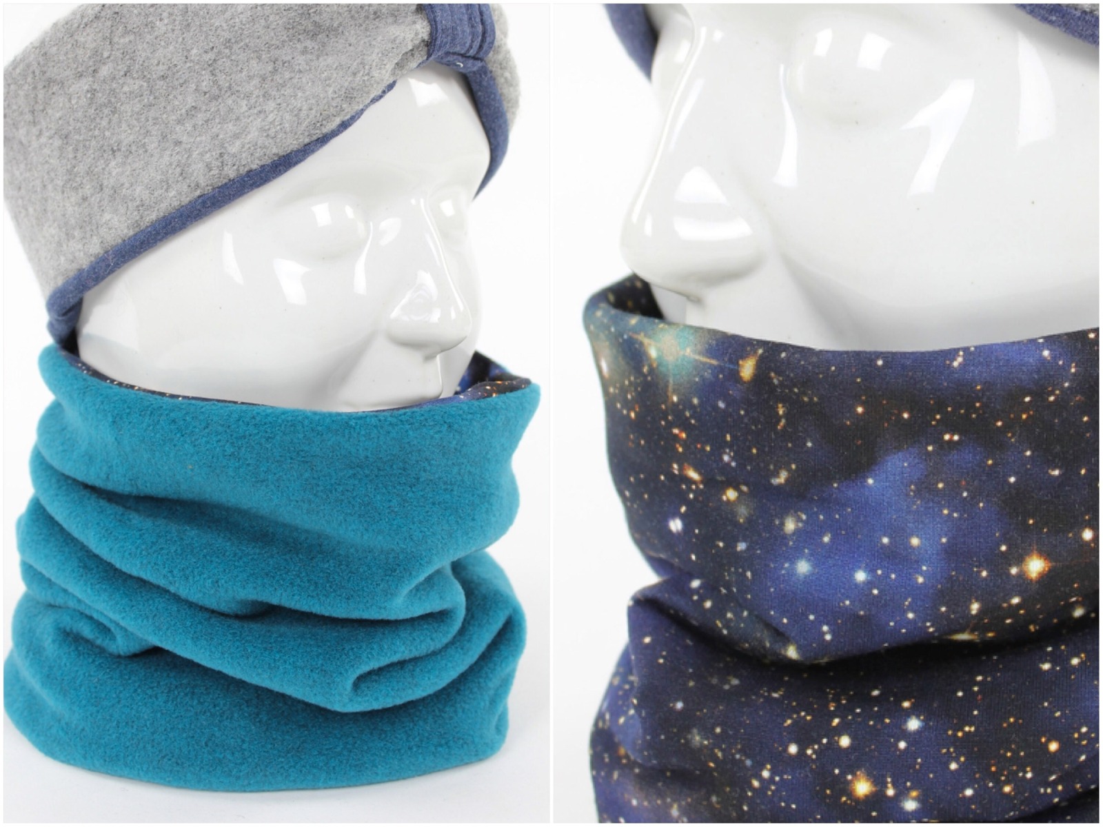 Fleece-Loopschal zum Wenden petrol und Blue Galaxy