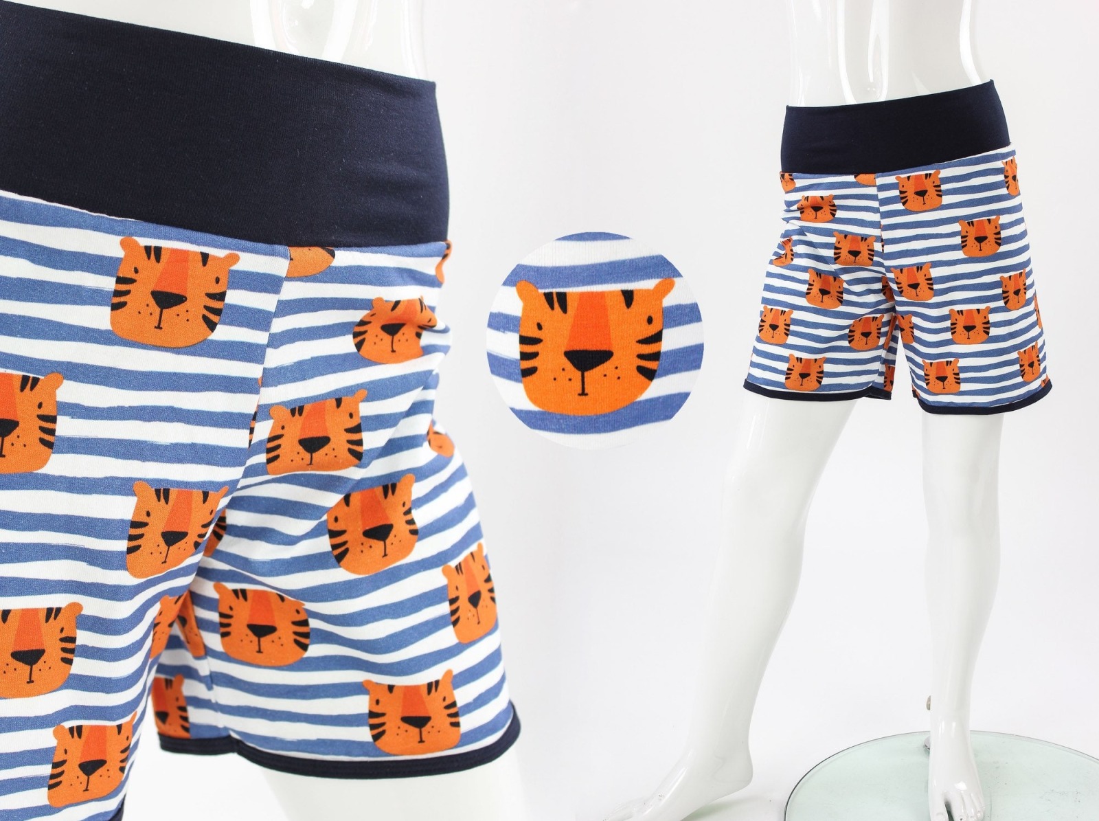 kurze Hose für Kinder blau weiß gestreift mit Tigern