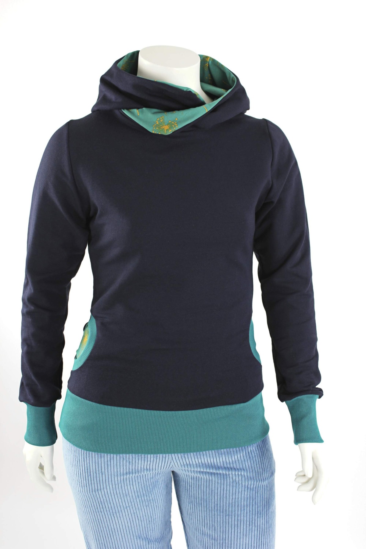 Kapuzenpulli für Damen marineblau mit Pusteblumenfeuerwerk petrol 2