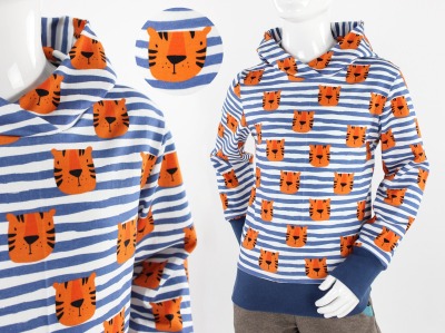 Kapuzenpulli für Kinder aus Jersey blau weiß gestreift mit Tigern