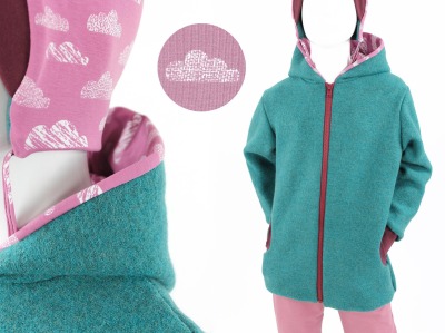 Wolljacke für Kinder petrol mit rosa Wolken BIO-STOFFE