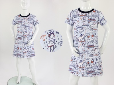 Shirtkleid für Kinder mit Wikingern und Drachen BIO-STOFFE