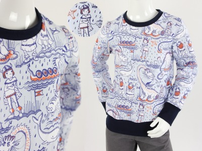 Longsleeve für Kinder hellblau mit Wikingern und Drachen BIO-STOFFE