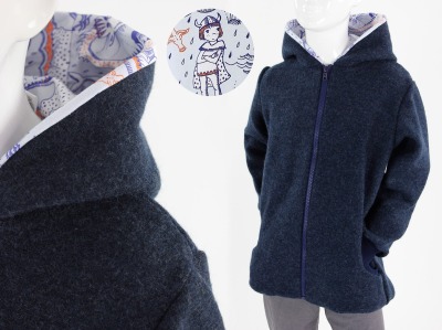 Wolljacke für Kinder dunkelblau mit Wikingern und Drachen BIO-STOFFE