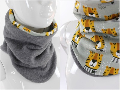 Fleece-Schlupfschal zum Wenden grau und Tiger