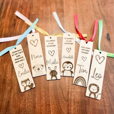 Kinder Holz Lesezeichen personalisiert | HimbeerBande - Geschenk für Schulkinder,