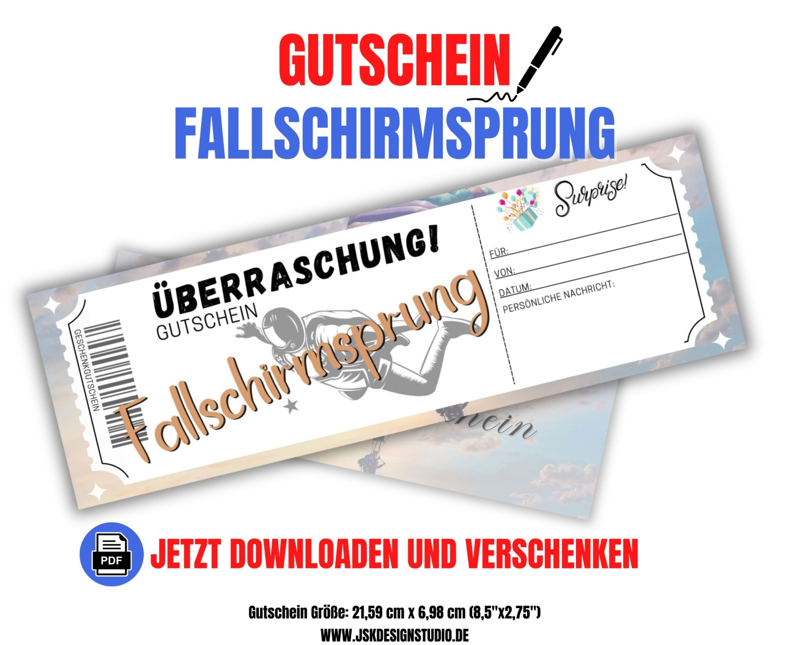 Gutschein für einen Fallschirmsprung Vorlage zum Ausdrucken &amp; Verschenken